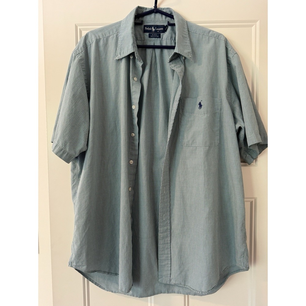 Polo Ralph Lauren Men Blake Blue Green Check Short Sleeve Button Down Large FLAW